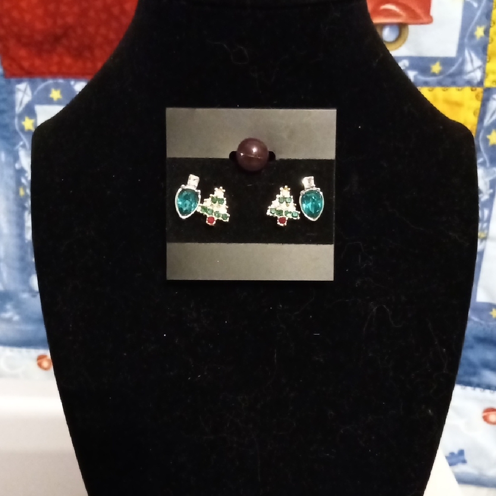 Festive Silver and Green Tree Earrings